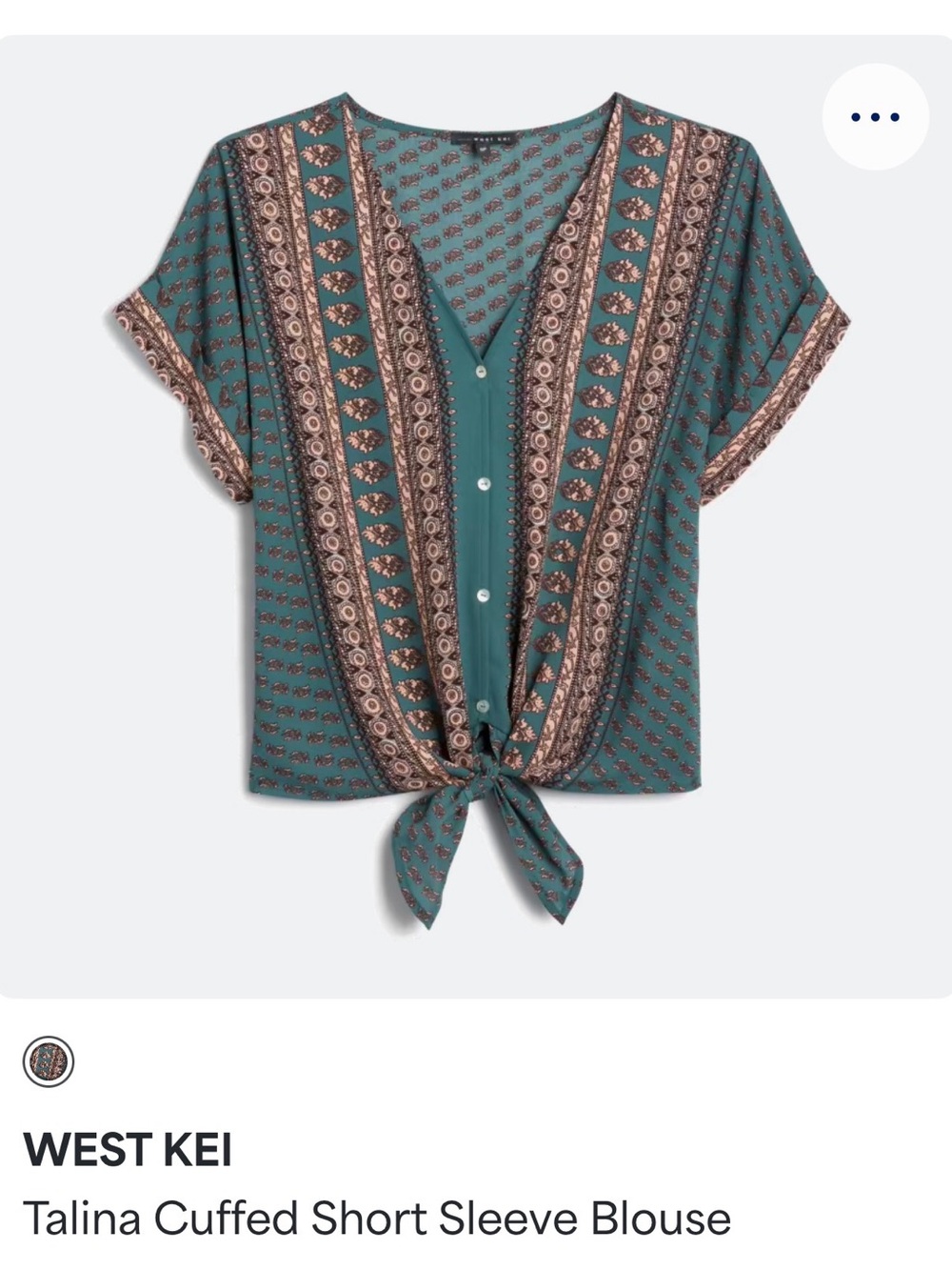 West Kei Teal Patterned Tie-Front Short Sleeve Blouse